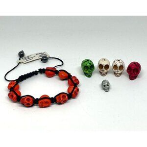 NWT Orange Skull Bead Adjustable Bracelet and 5 Various Stone Skull Beads